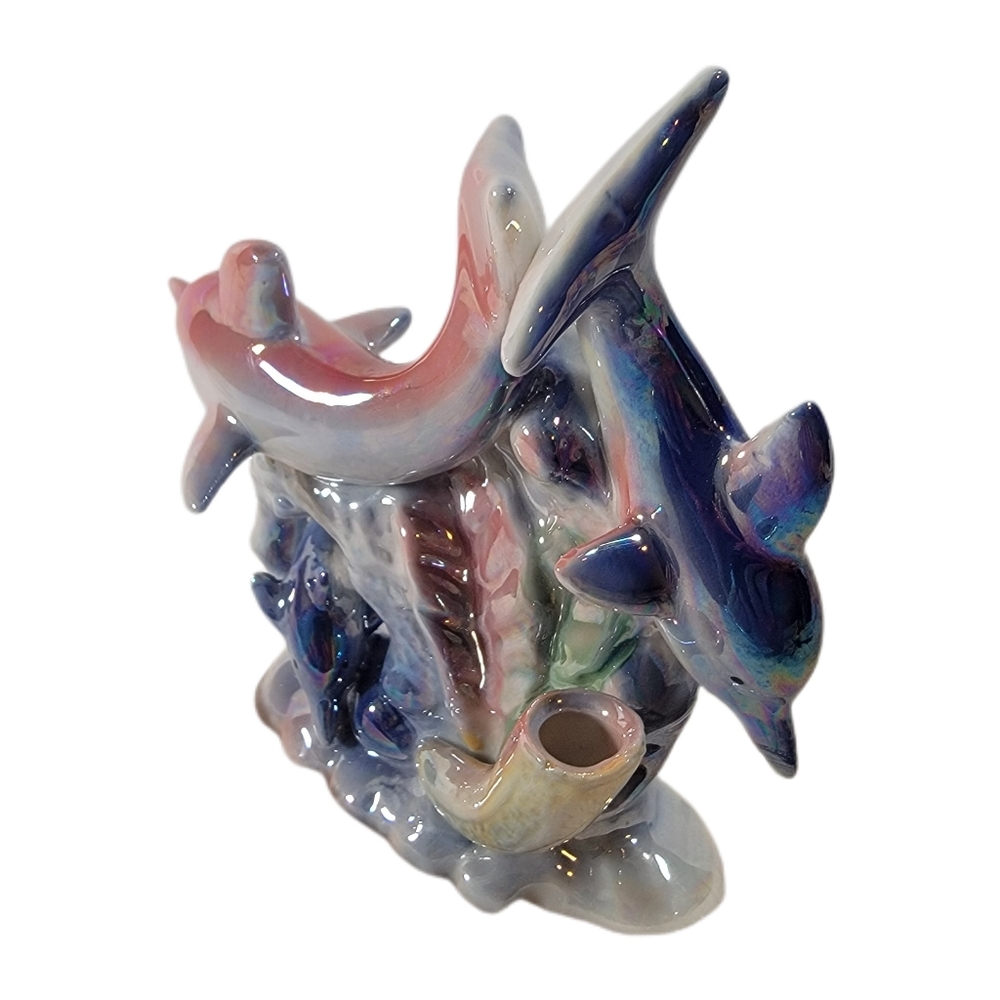 Dolphins and Coral Reefs L6"x5 1/2"Hx2" 1/2"W. Iridescent Ceramic Figurine - Picture 4 of 8